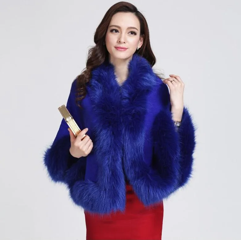 Autumn Winter New Female Cloak Imitation Fox Fur Cloak Cape Imitation Wool Collar Ponchos Women Capes Purple