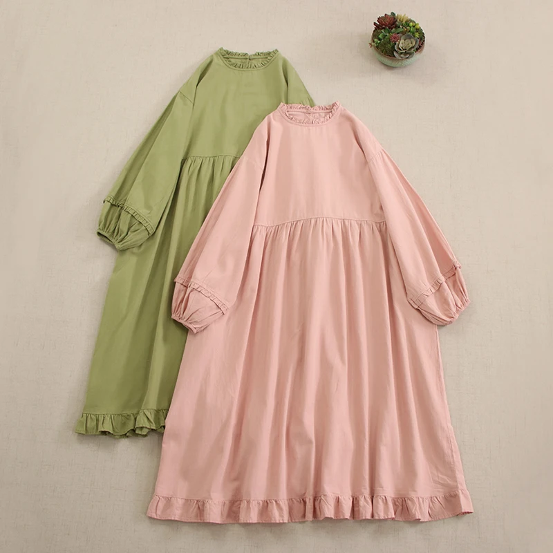 Spring New Japanese Sweet Mori Girl Solid Color Ruffeld Hem Dress Women Long Lantern Sleeve Casual Loose Midi Dresses