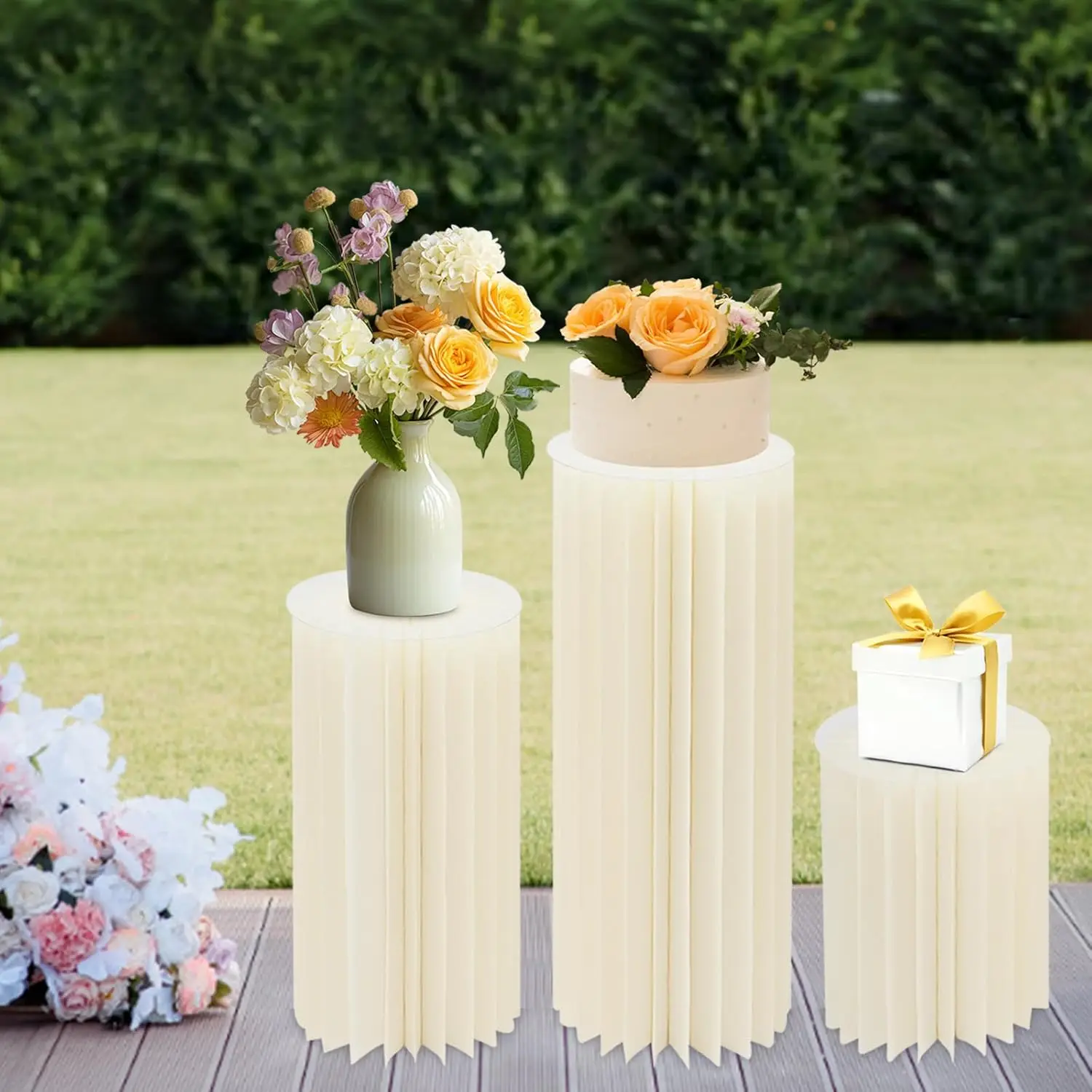 Présentoir de colonnes en papier pliable 3 pièces, ensembles de cartons de centres de table de mariage blancs pour la décoration de tables, fête, maison, cerimonie