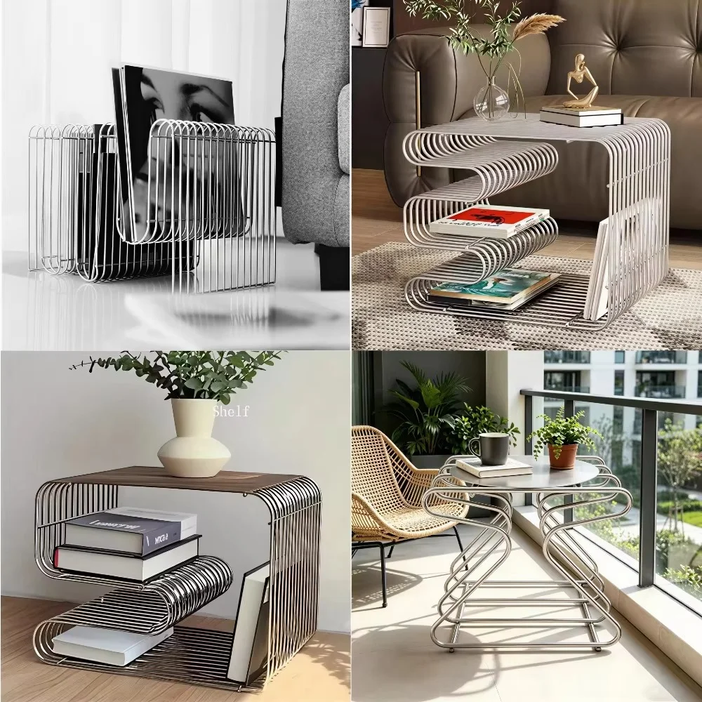 Creativity metal silver edge table, geometric patterned bookshelf, magazine rack, wall mounted living room storage rack