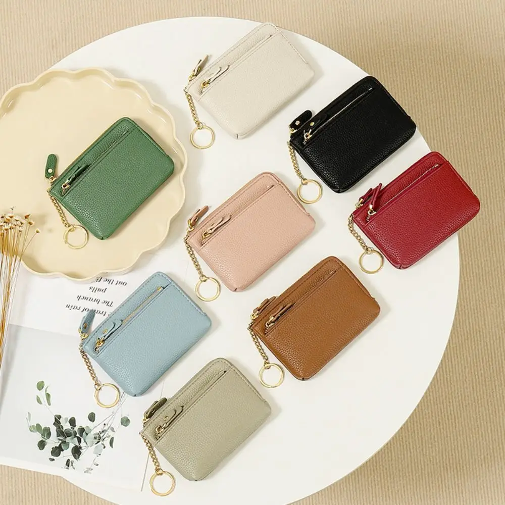 

Fashion Leather Coin Purse Zipper Closure Solid Color Keychain Wallet Multi Card Slots Multi Functional Card Case Casual