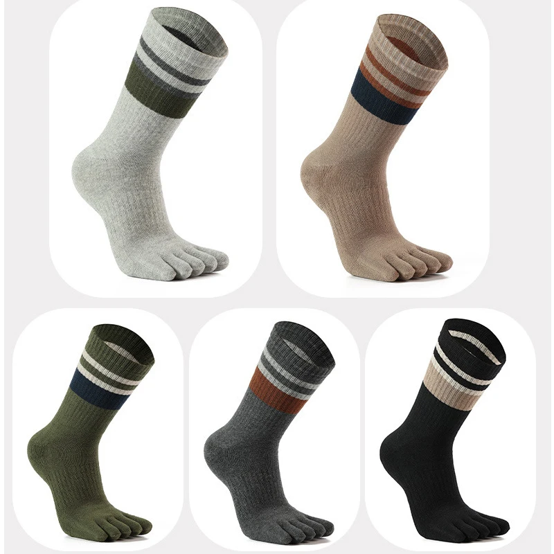 5 Pairs Terry Toe Socks Man Cotton Striped Thick Soft Elastic Sweat-Absorbing Keep Warm Party Dress Long 5 Finger Happy Socks