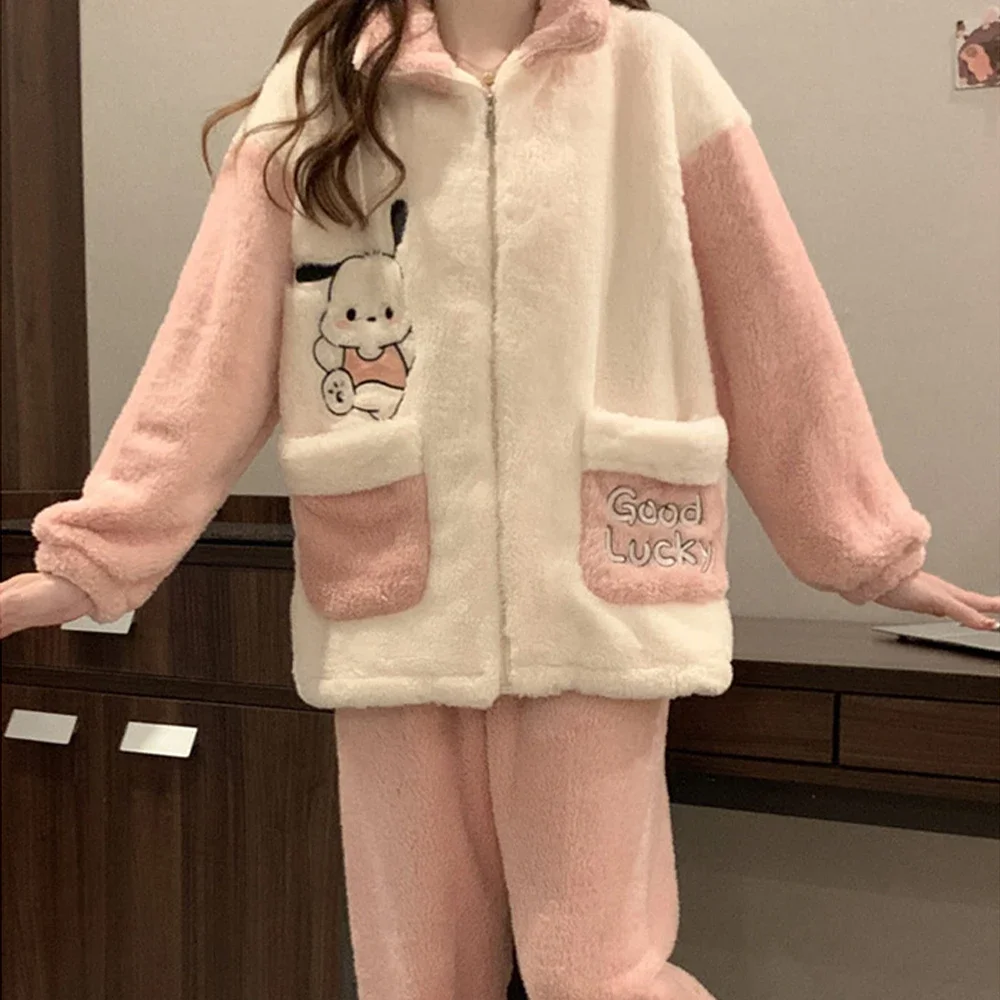 Sanrioed Cute Pochacco Winter Plush Pajamas Suit Anime Kawaii Cartoon Zipper Homewear Women Flannel Warm Plus Size Nightwear