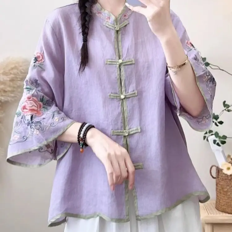 

Summer New Retro Tops Contrasting Color Cotton and Linen Embroidered Ethnic Wind Blouse Flared Sleeve Cardigan shirt for Women