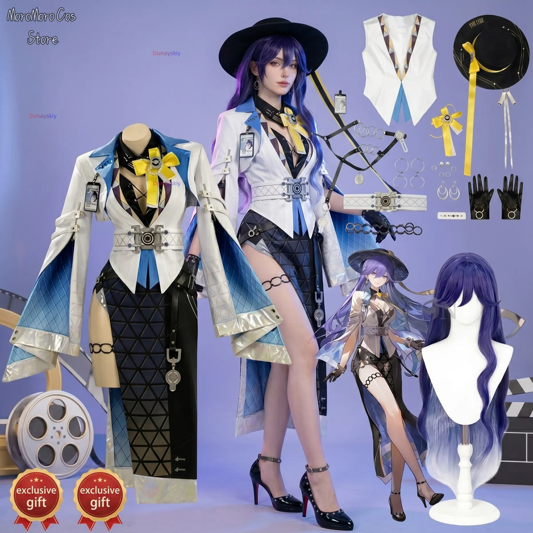 

Anime Game Wuthering Waves Cosplay Lucilla Costume Long Dress Shoes Halloween Christmas Party Cos Sexy Slit Skirt Vest Hat Wigs