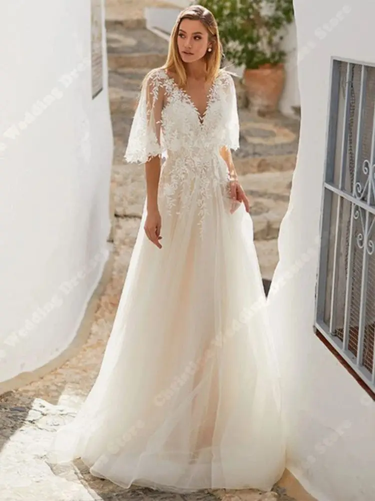 Elegante V-Ausschnitt Tüll Frauen Brautkleider neueste Spitze Abziehbilder Brautkleider sexy Wisch länge Prinzessin Vestidos de Novias