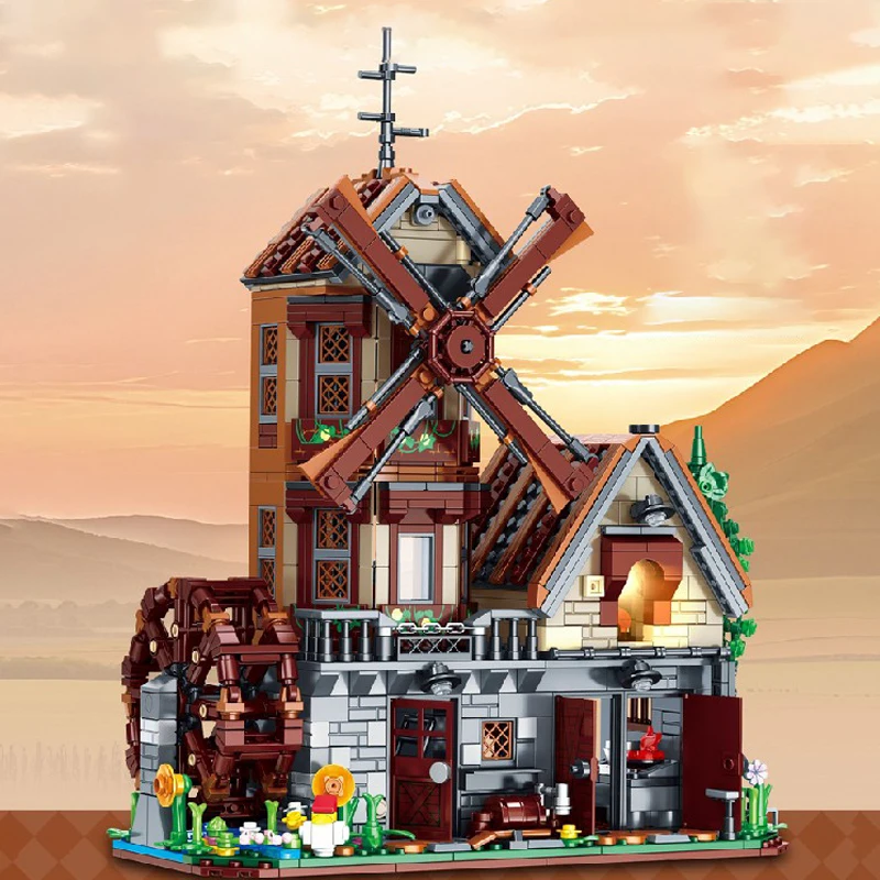 1580PCS MOC Bauernhof Haus Bausteine Mittelalterlichen Dorf Windmühle Cottage Architektur Modell mit LED Kinder Spielzeug Weihnachten Geschenk