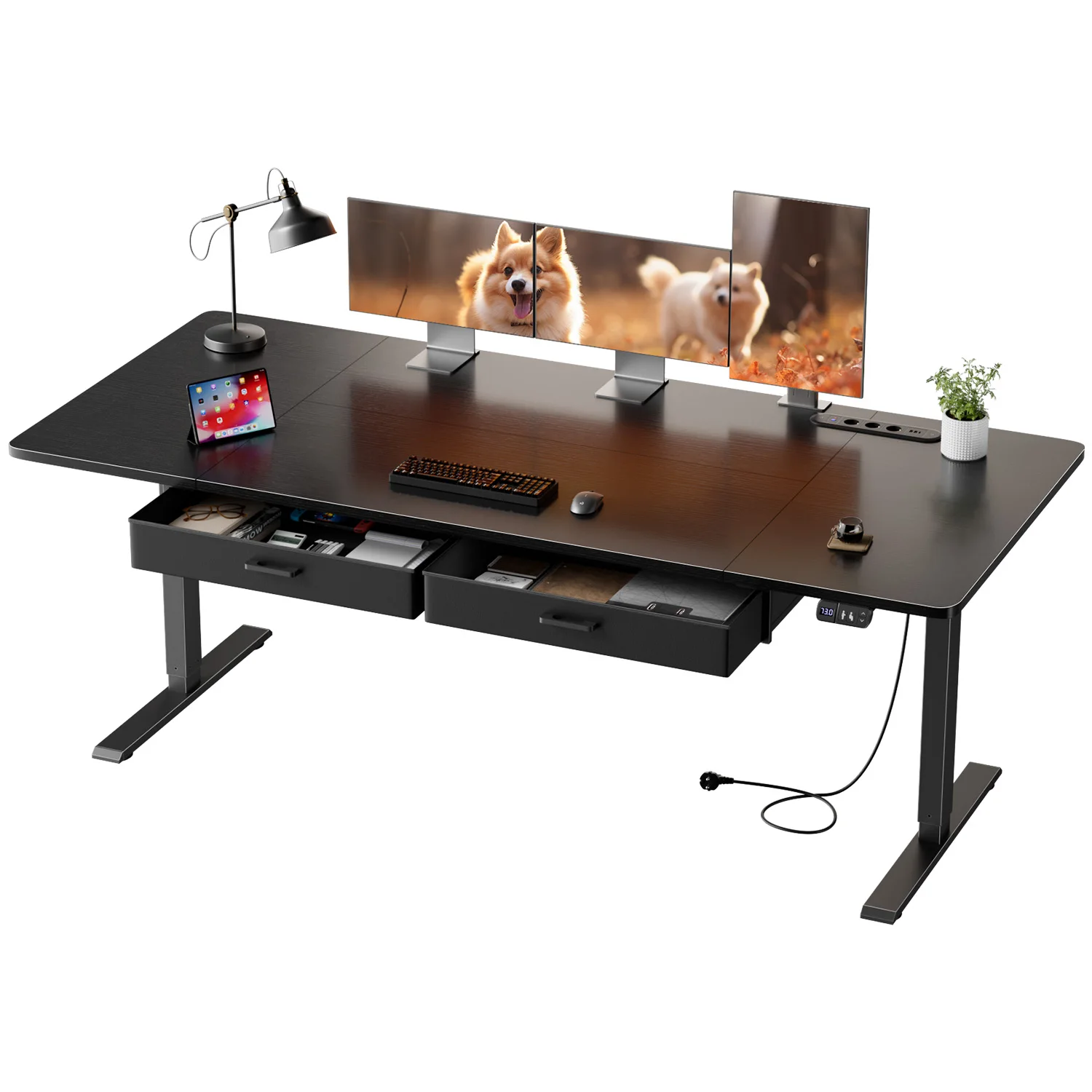 Bureau électrique réglable en hauteur 120/140/160/180/200 cm, table assis-debout robuste de grande taille, bureau de jeu avec prise de courant et tiroir