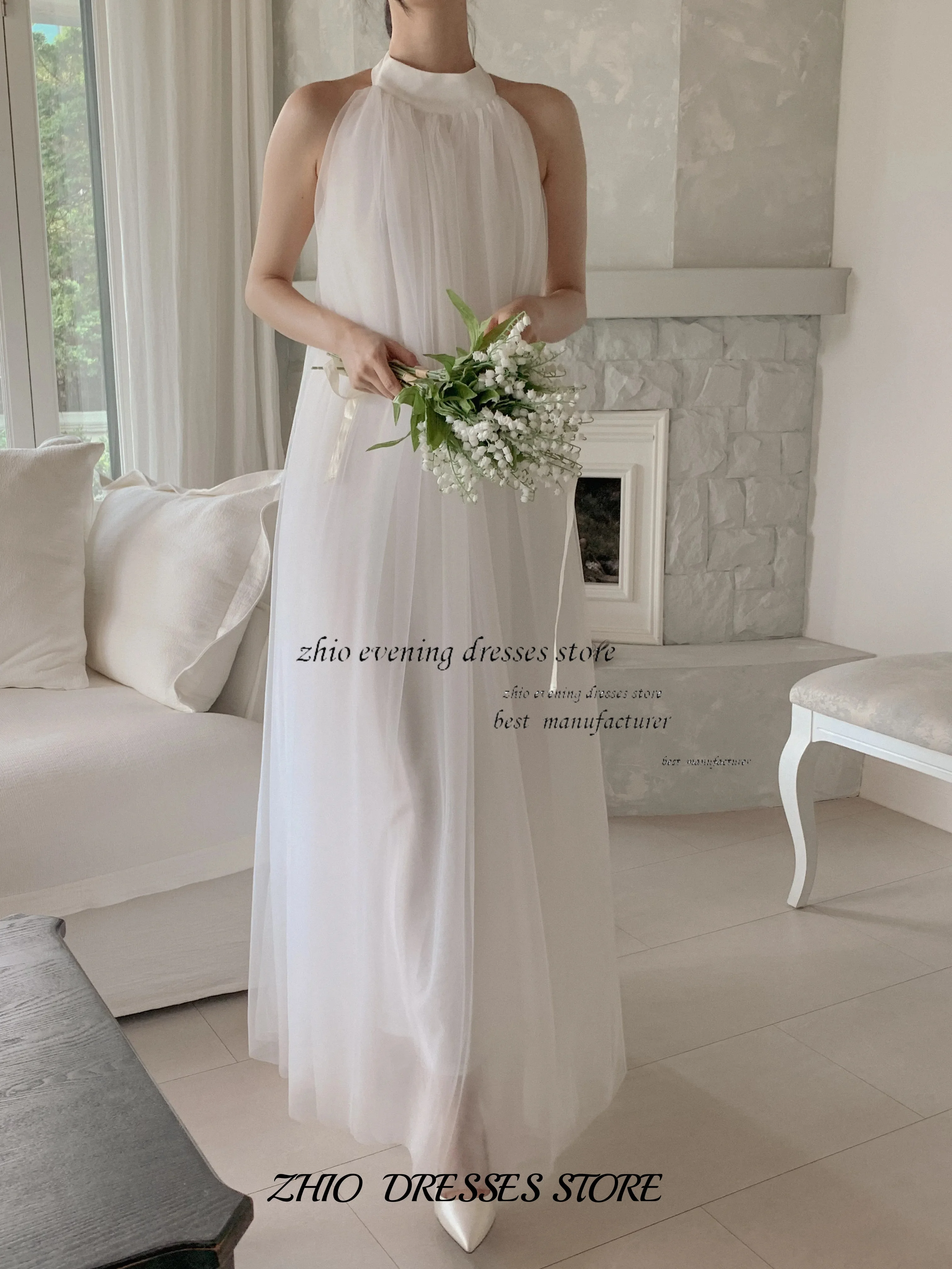 ZHIO White Tulle Fairy A-Line Elegant Korea Wedding Dresses Photo shoot High Neck Straight Bridal Gowns Customized 셀프웨딩