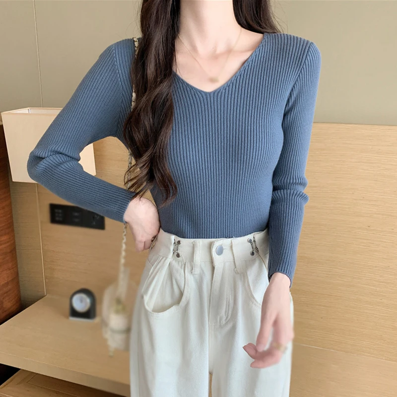 Knitted Long Sleeves V Neck Spring Autumn Solid Colour Bottoming Shirt Slim Fashion Women's Bottoming Sweater