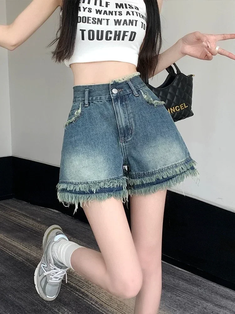 

Новые модные уличные повседневные женские шорты, летние тонкие джинсовые женские шорты с высокой талией, синие шорты трапециевидной формы с кисточками в стиле ретро, женские шикарные