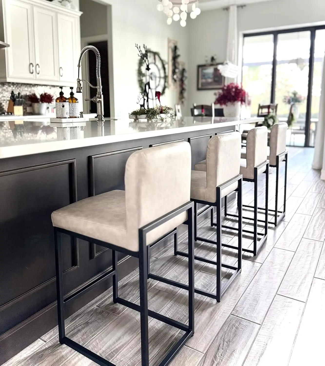 Maison Arts Bar Stools Set Of 4, 24 Inch Counter Height Barstools With Back, Metal Frame, Footrest, Upholstered Faux Leather