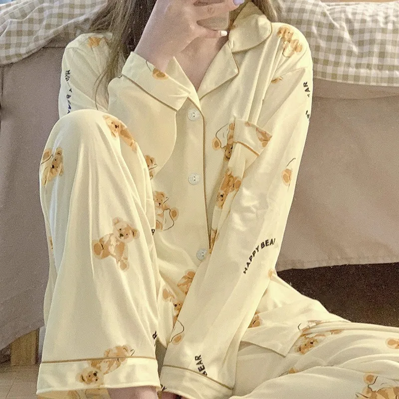 Maternity Women Plus Size Pajamas Bear Print Loungewear Long Sleeve Trousers Breathable Soft Cardigan 2 Piece Set Pregnant Woman