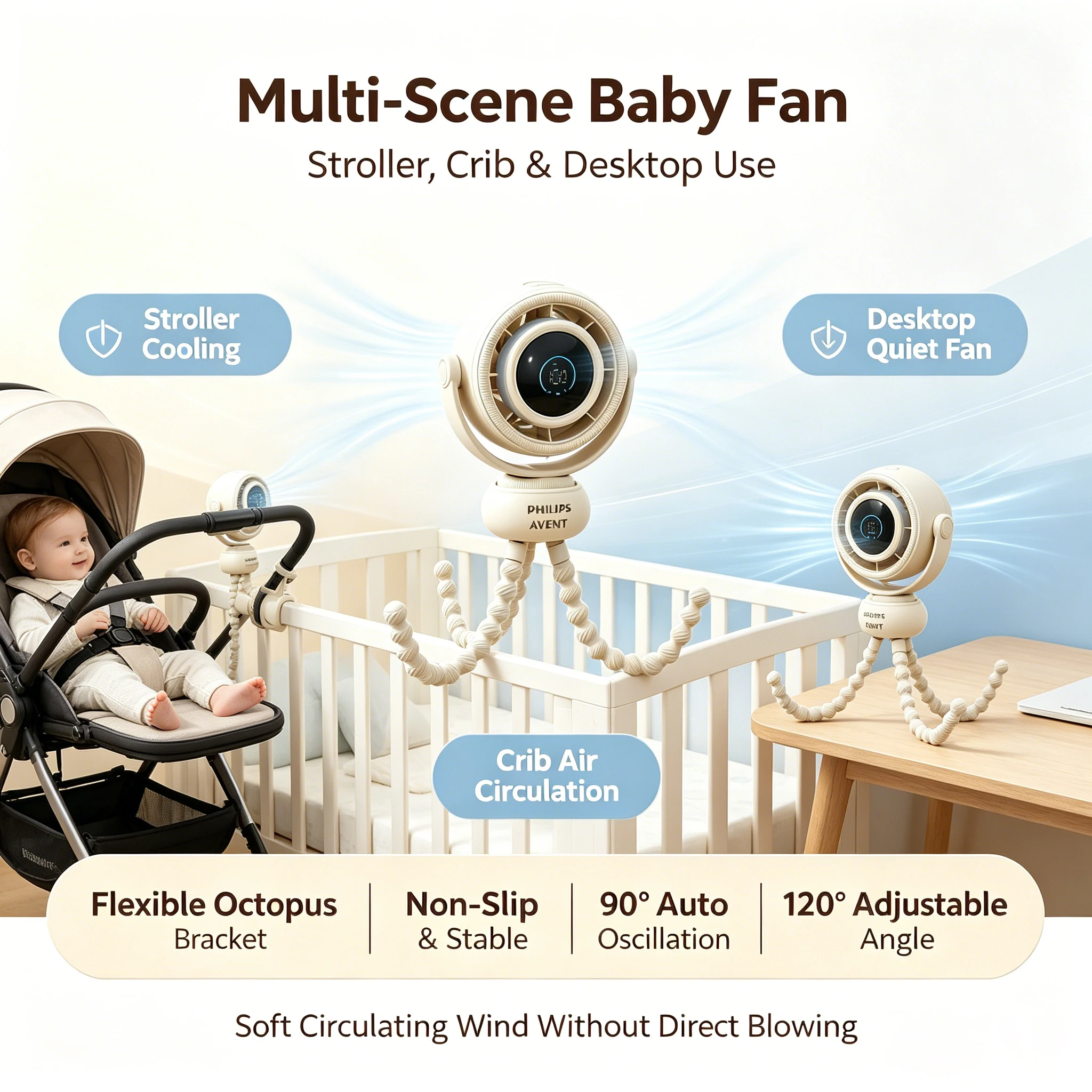 Avent Baby Stroller Fan Flexible Tripod 6 Wind Modes Low Noise LED Digital Display Night Light Rechargeable Portable Mini Fan