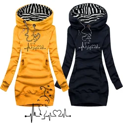 Trendy Line Cat Printed Autumn and Winter Women's Fashion Hoodie Dresses Hoodie Dresses Women's Long Sleeve Sweater Dresses