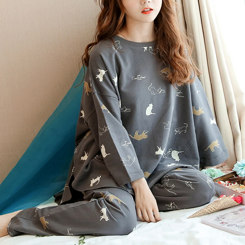 Women\'s pajamas top and bottom set room wear room wear cat pattern long sleeve cotton cute elegant soft