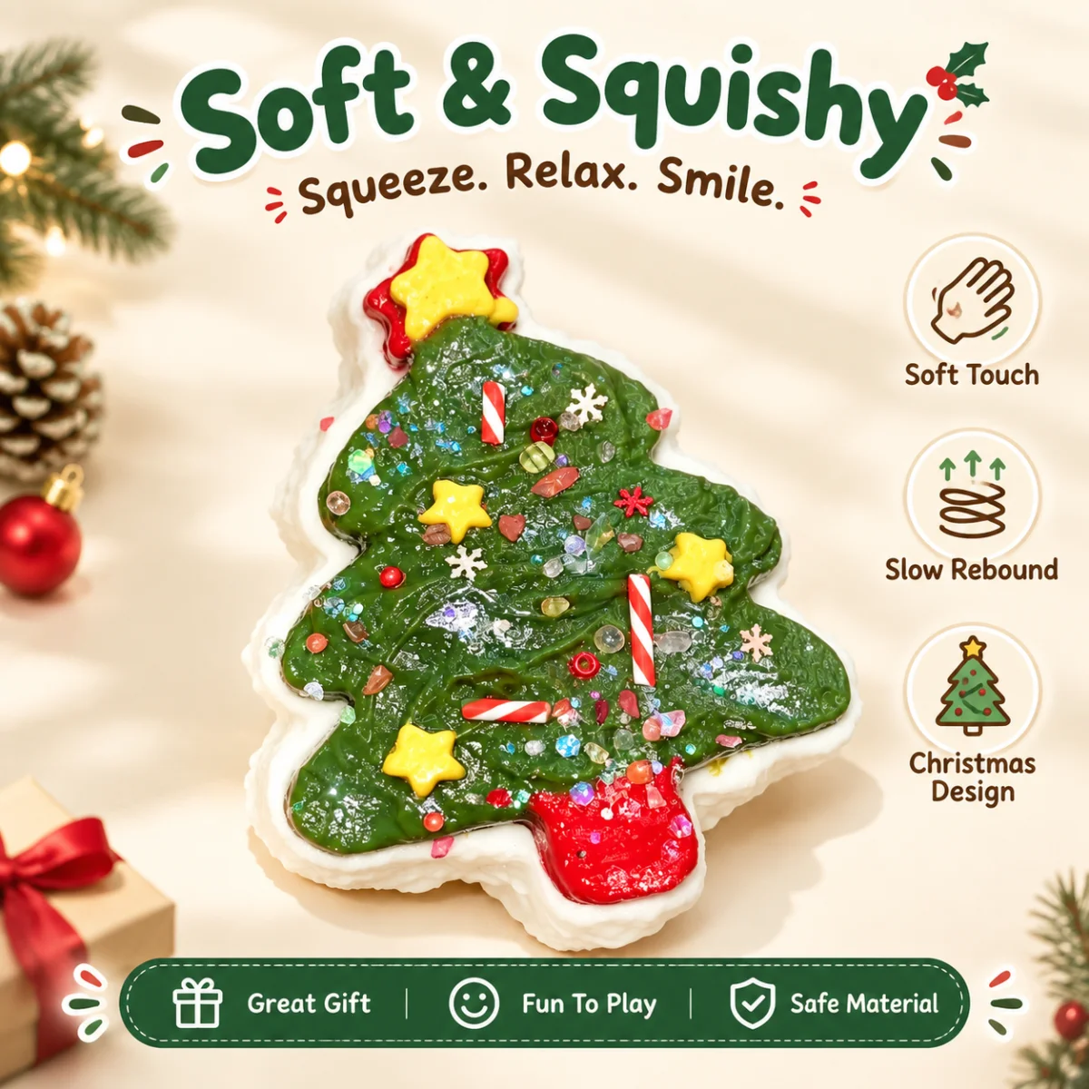 Christmas Tree Shape Squishy Toy Food Grade Silicone Green White Soft Squeeze Sensory Toy With Snowflake And Sequin Decoration