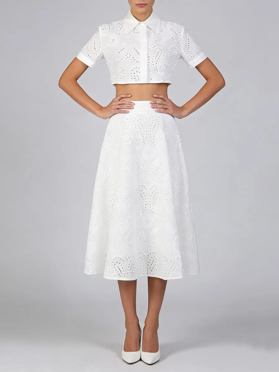 TWOTWINSTYLE, conjuntos de dos piezas lisos ahuecados para mujer, solapa, manga corta, Top, falda larga de cintura alta, conjunto minimalista para mujer, nuevo