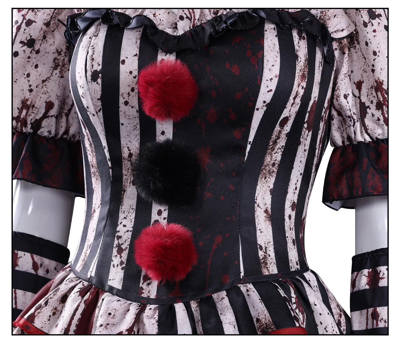 Blutiger Horror-Clown Cosplay-Kostüm für Frauen, Gothic Horror Zirkus Cosplay-Kleid, Gruseliger Gestreifter Blut-Party-Jumpsuit für Halloween – Detail 22