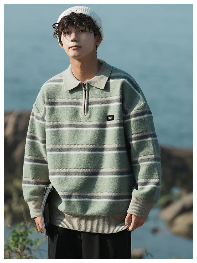 Spring and Autumn New Japanese Style Men's Blue Half-Zip Sweater Loose Casual Striped Green Navy Blue Turn-Down Collar Knitwear