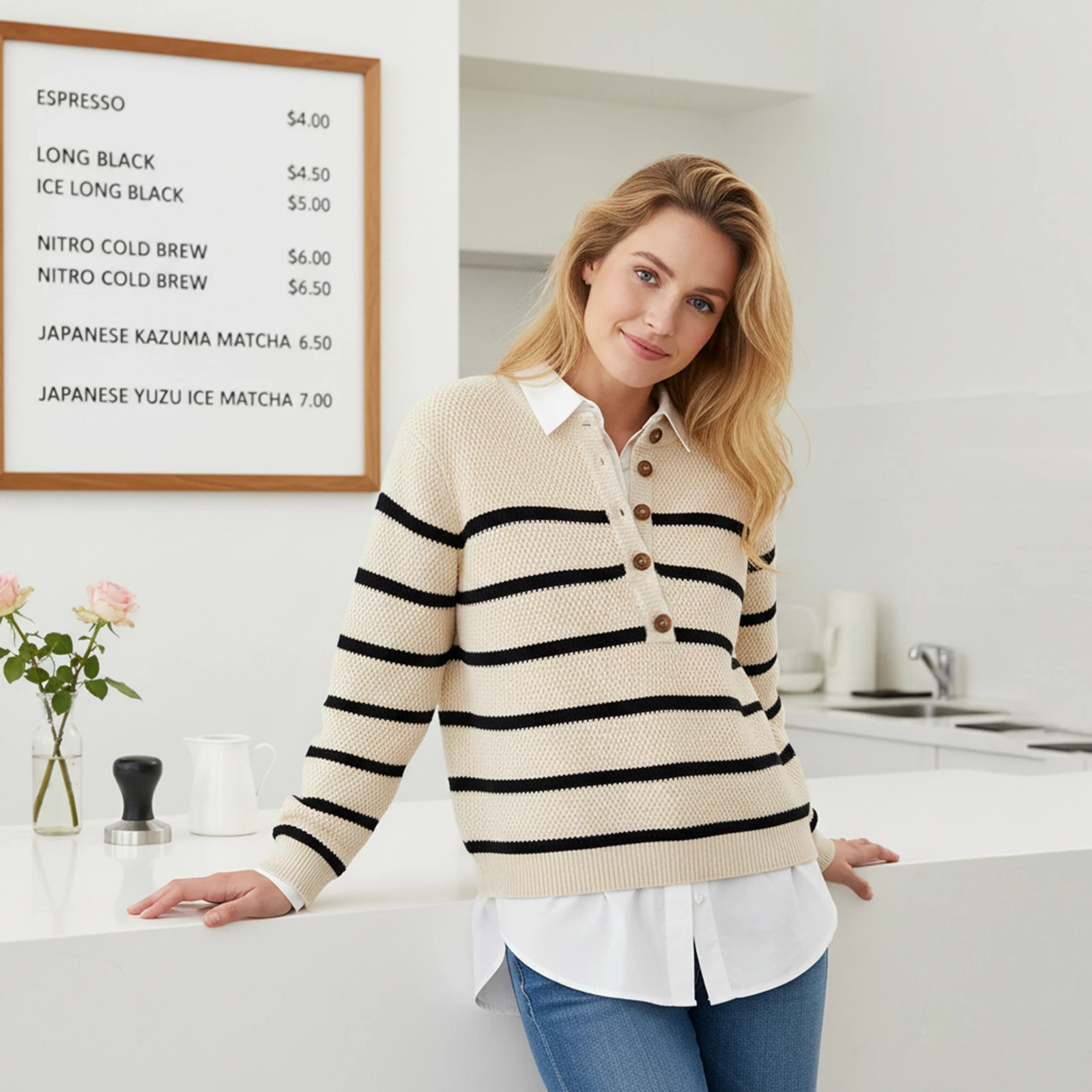 

Women Knit Sweater Long Sleeve Henley Neck Pullover Warm Striped Sweater for Fall Winter