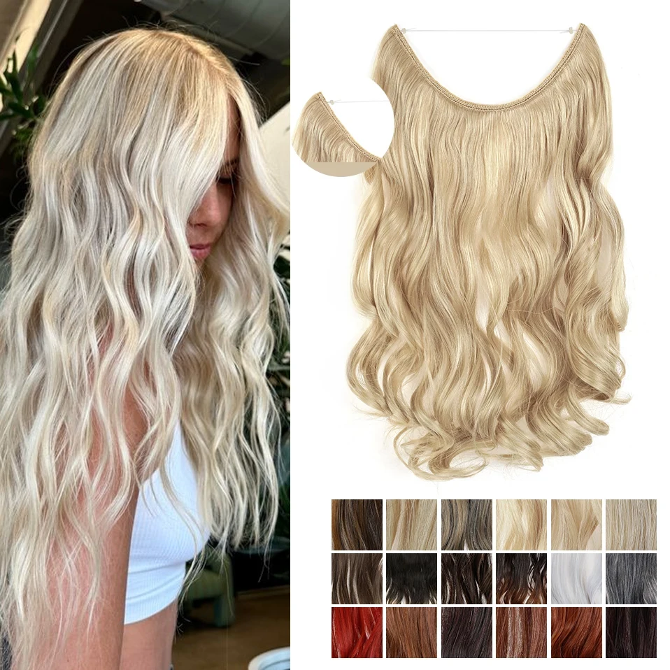 

Snoilite Synthetic 20inches Bleach Blonde Synthetic Hair Hairpieces Extension Fish Line Invisible Wavy No Clips Hair for Women