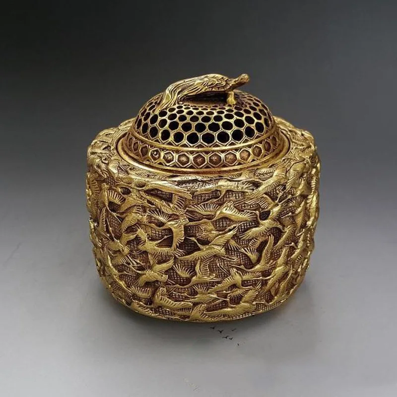 High-quality large brass incense burner with a thousand cranes design, antique-style copperware, vintage craft