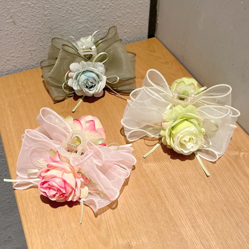 Korean Fashion Mesh Bow Hair Claw Fabric Rose Flower Elegant Shark Hair Clips Bowknot Ponytails Headdress Hair Accessories Gifts