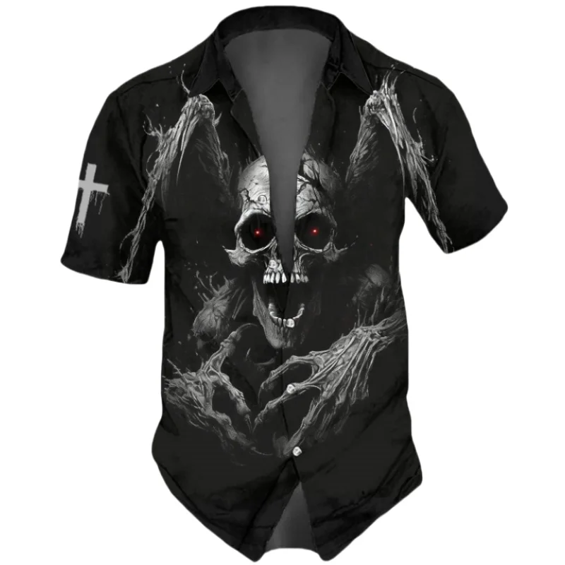 Horror Skulls Print  Men\'s Shirts Summer Hip Hop Style Short Sleeve Lapel Shirts For Men Streetwear Hawaiian Beach Holiday Shirt