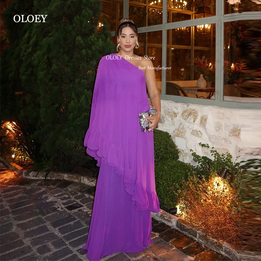 

OLOEY Grape Purple Silk Chiffon Formal Evening Dresses One Shoulder Long Sleeves Straight Prom Gowns Arabic Dubai Plus Size