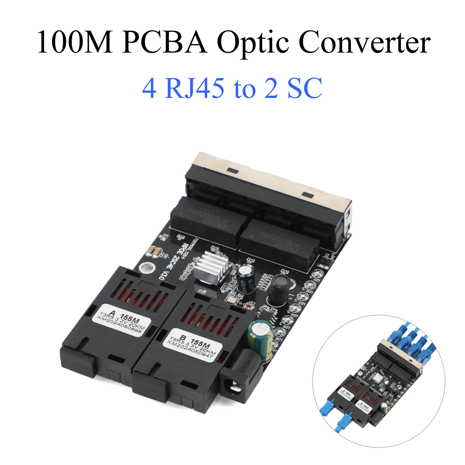 

Fiber Optic Media Converter 100M 4 RJ45 to 2 SC A+B Optic Connector 1310nm/1550nm Ports PCBA Board 20KM Ethernet Switch Black