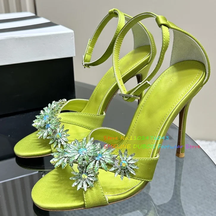 

Green Stain Crystal Flower High Heel Sandals Bridal Wedding Shoes Women's Peep Toe Buckle Strap Cover Heel Dress Sandals