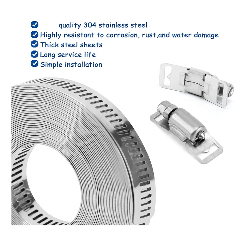 Fascette stringitubo cinturino in metallo da 20 piedi + 20 elementi di fissaggio fascette a nastro in acciaio inossidabile Cut-To-Fit fai-da-te regolabili vite senza fine grande durevole facile da installare