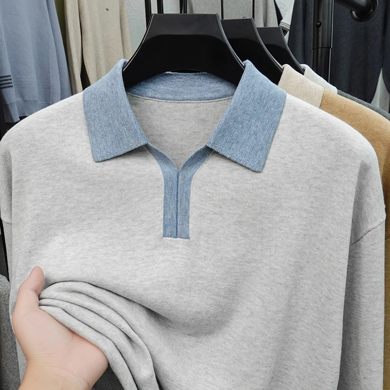 56.5% Cotton Men Trendy Knit Polos 2026 Autumn Patchwork Collar Jumper Long Sleeve Sweater Turn Down Collar Knitting Clothes