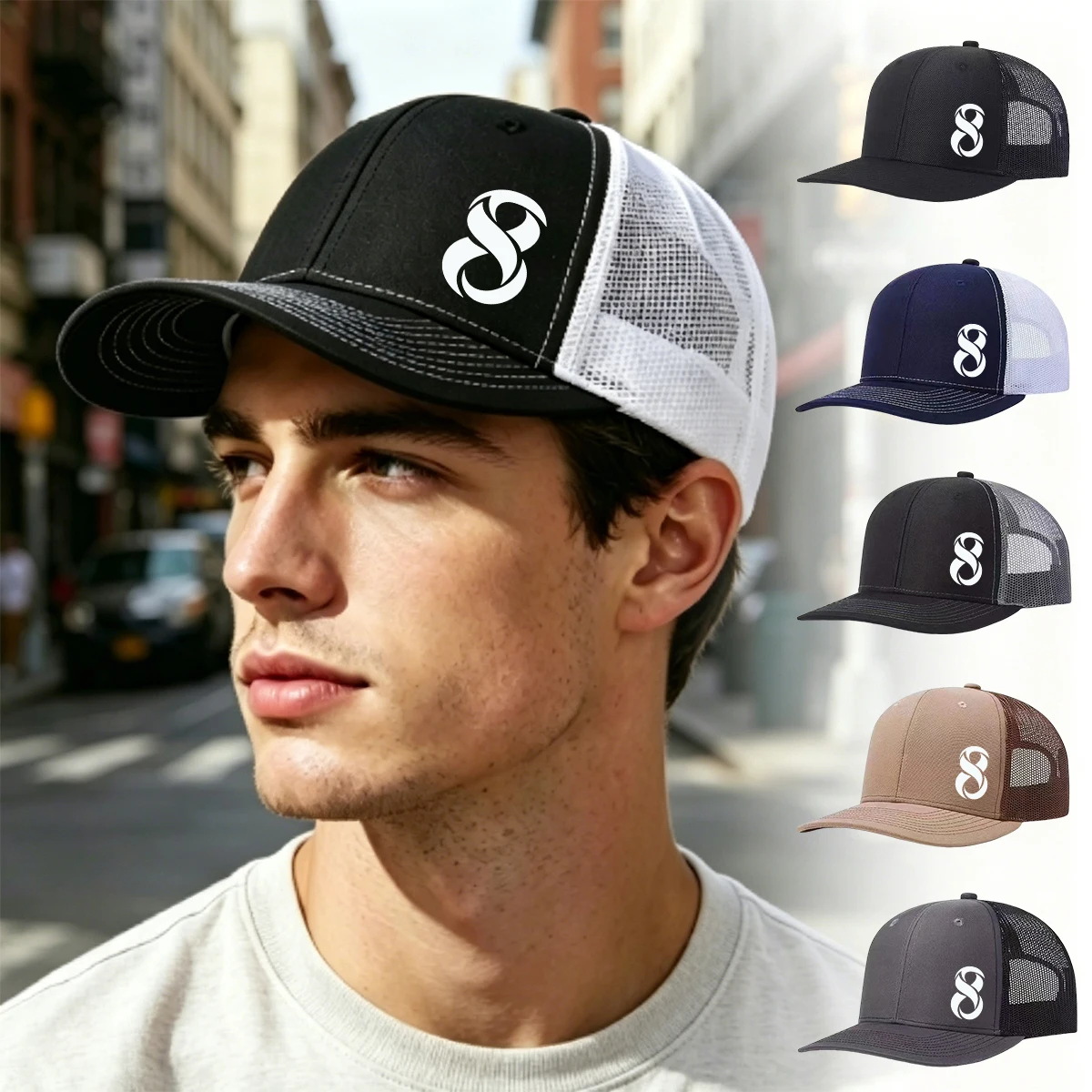 1PC Infinity 8 Printed Trucker Hat, Breathable Mesh Baseball Cap, Adjustable Snapback, Unisex Casual Streetwear