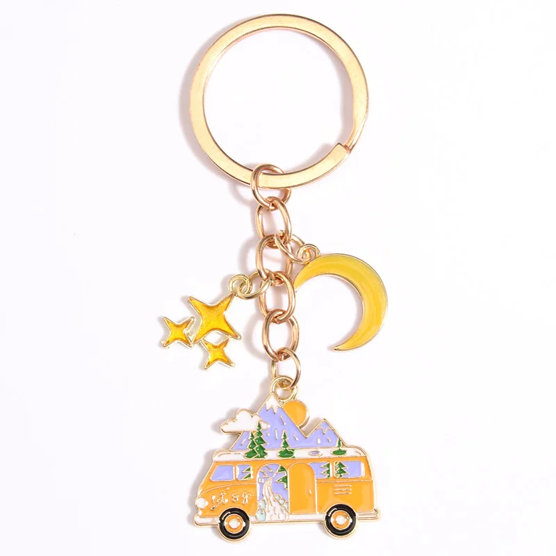 Enamel Keychain Moon Star Sightseeing Bus Key Ring Camping Key Chains For Camper Handmade Jewelry Gifts