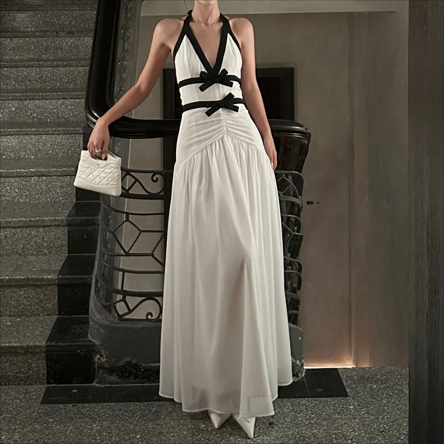 

White Elegant Dress Women Backless Sleeveless Summer Patch Maxi Vestidos Bodycon Streetwear V-neck Long Clothing Lady