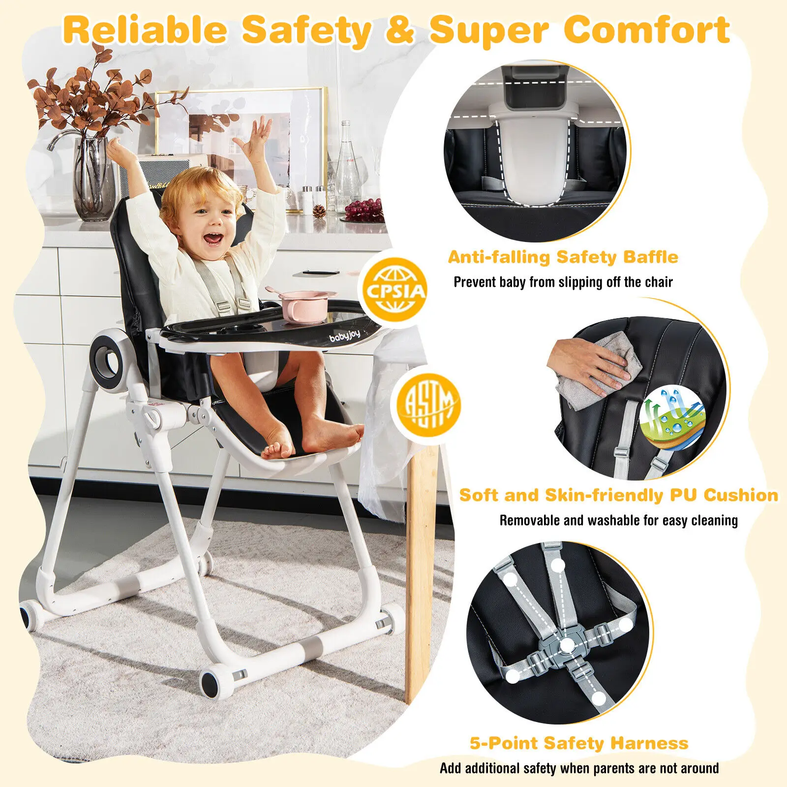 Babyjoy Baby High Chair Foldable Feeding Chair w/ 4 Lockable Wheels Black