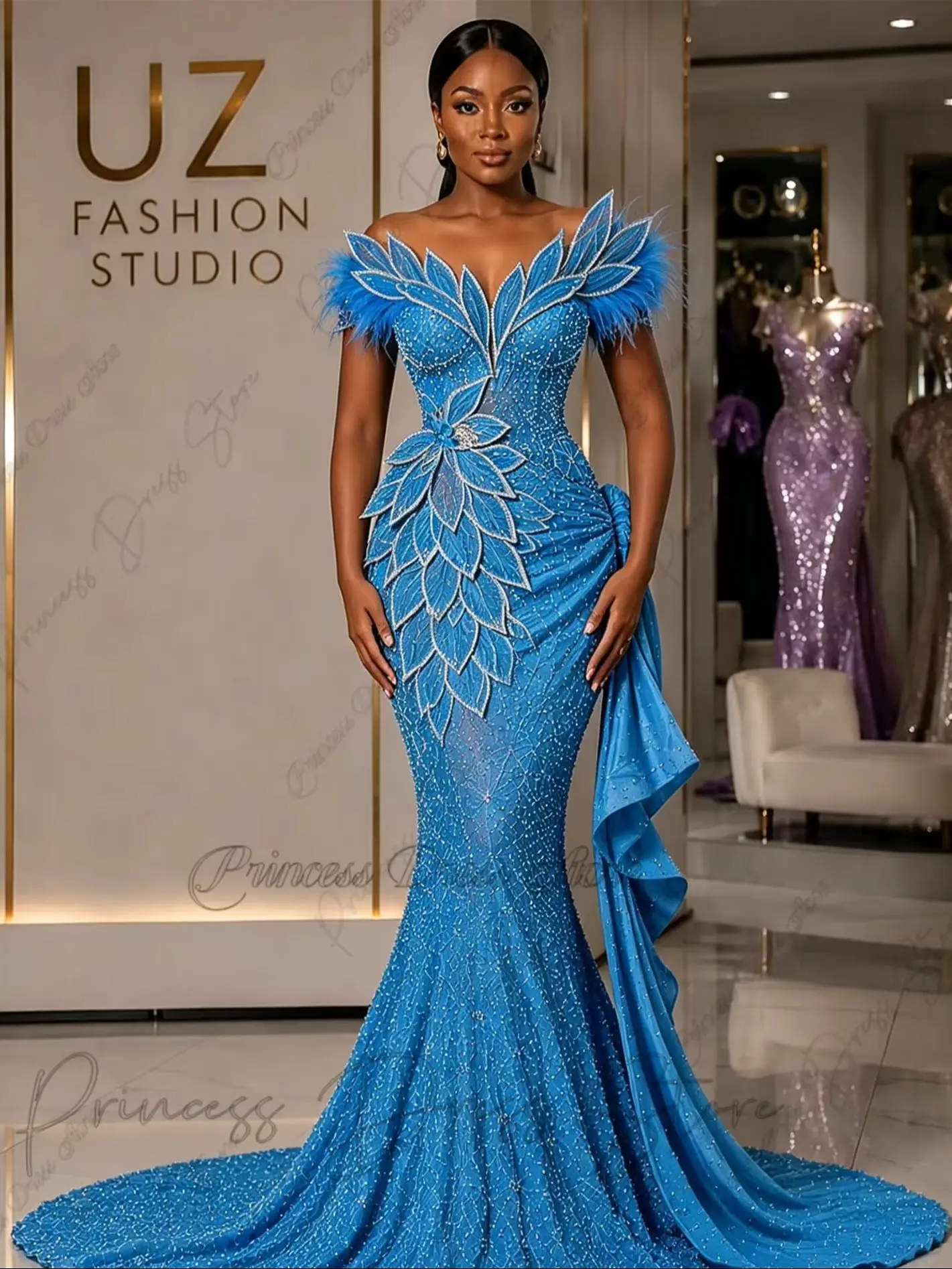 Shiny Beads Mermaid Evening Dresses Dubai Woman Feather 3D Leaves Celebrity Party Gown Royal Blue Prom Vestido Noche Customized