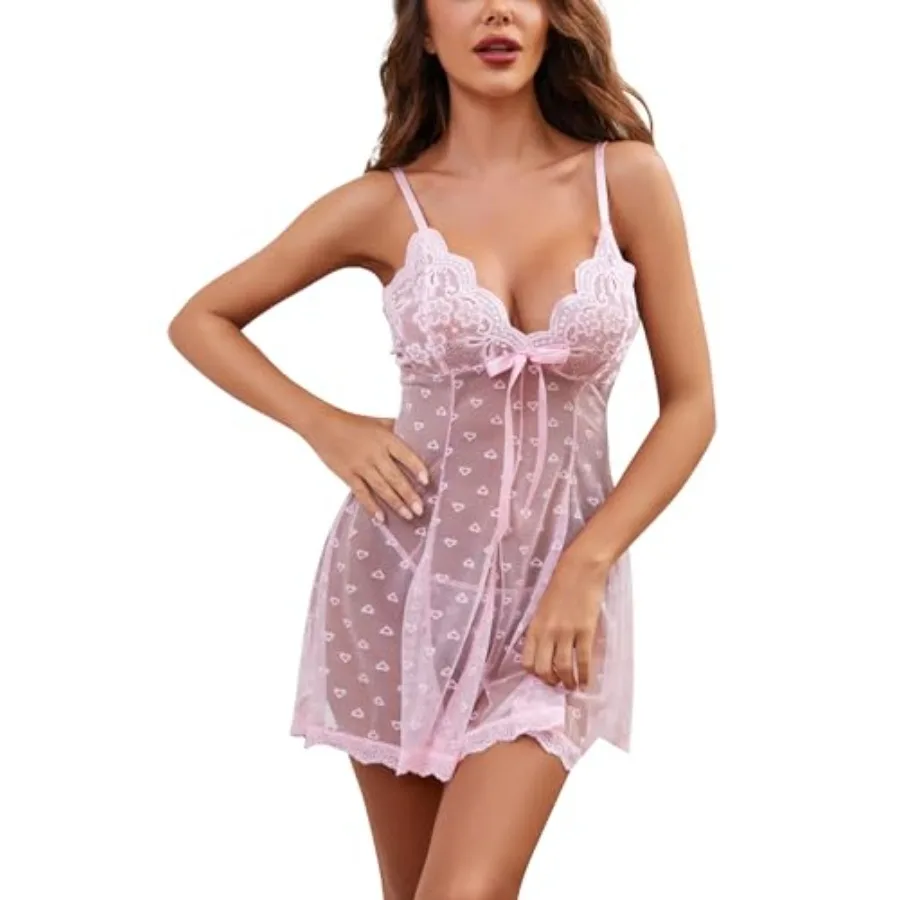 

Women's Sexy lingerie Sheer Heart Print Lace Babydoll Nightgown