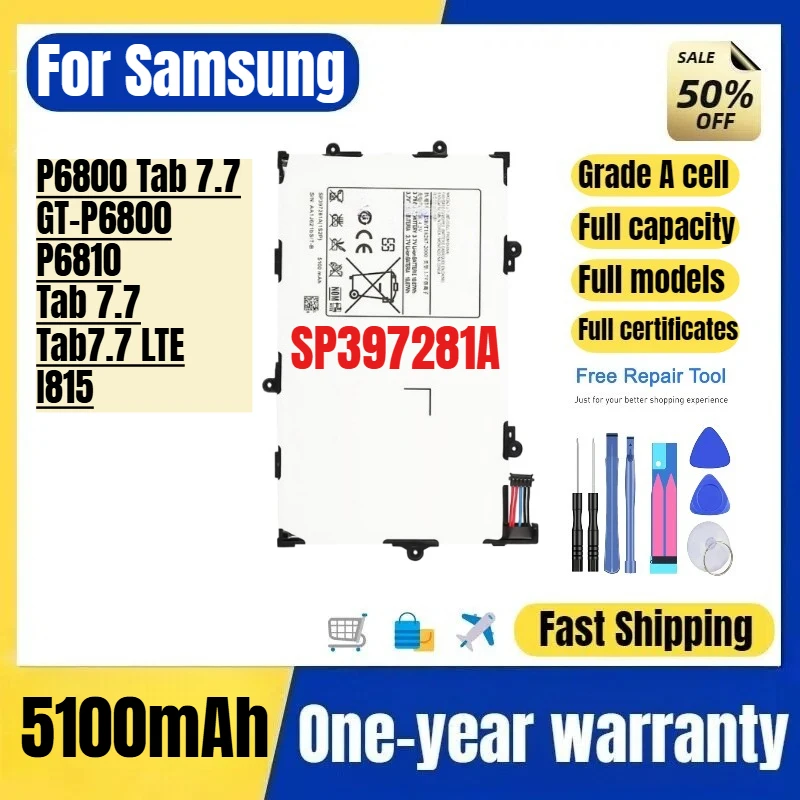 

SP397281A for Samsung P6800 Tab 7.7/GT-P6800/P6810/Tab 7.7/Tab7.7LTE/I815 Tablet Battery 0 Cycle Replacement Bateria with Tools
