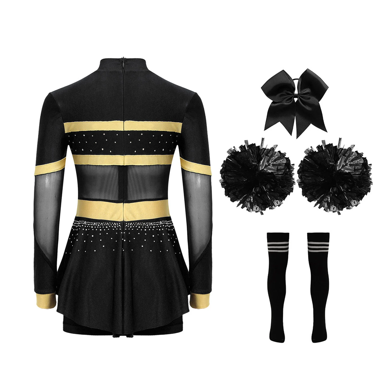 Kids Girls Cheerleader Costume Rhinestones High School Cheerleading Dress with Pom Poms Socks Uniform Dancewear Gifts Outfit