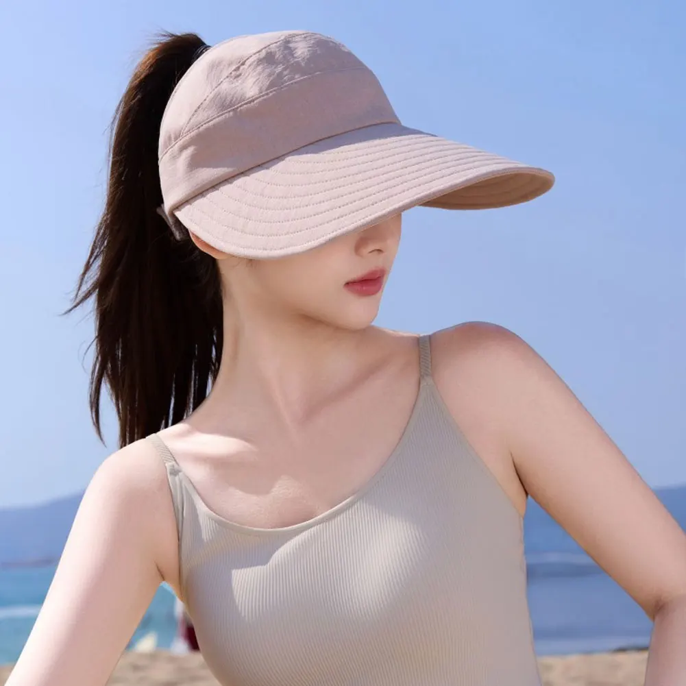 

Empty Top Wide Brim Hard Brim Sun Hat Foldable Ponytail Cap UV Protection Windproof Adjustable For Women Beach Riding Summer