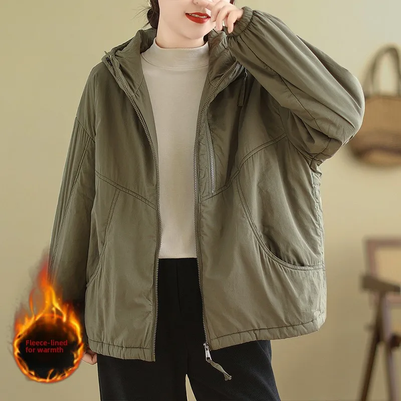 Cappotto con cappuccio ampio da donna in cotone retrò Jaet Calore Dstring Capispalla invernale Thiened Lungo chiusura con cerniera