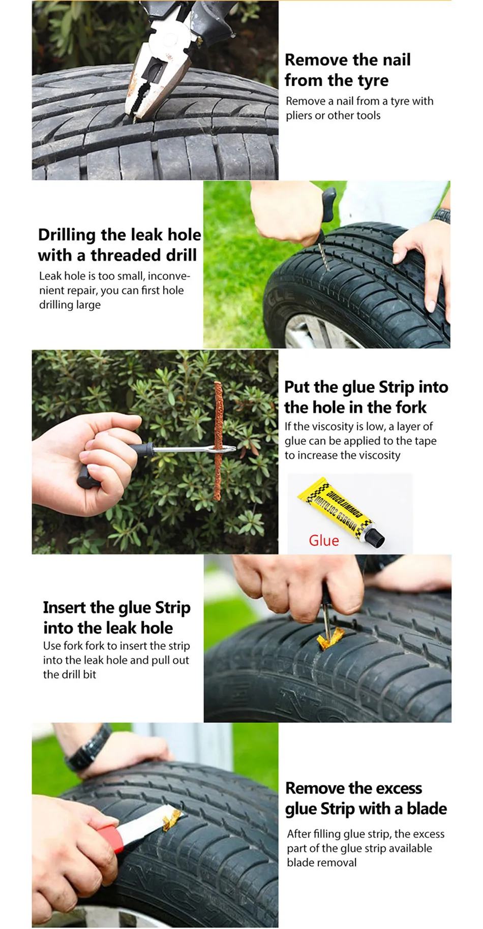 Commercial Grade Tubeless Tyre Puncture Repair Tools Rubber Strips Glue for Car Truck Motorbike Fleet Maintenance