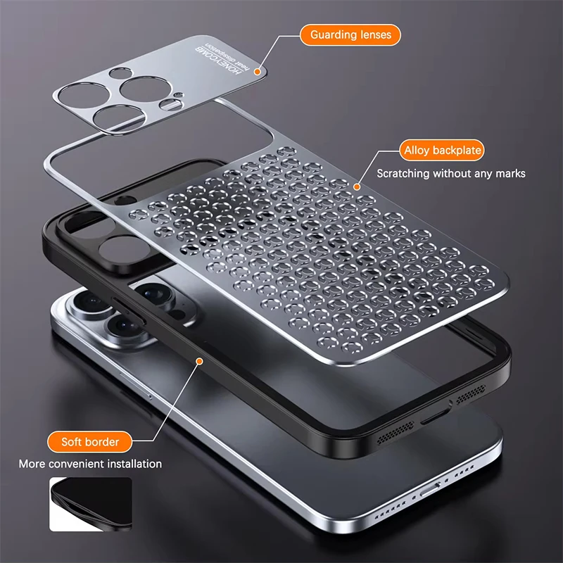 Aluminum Alloy Heat Dissipation Soft TPU Frame Case For iPhone 15 13 14 16 Pro Max Shockproof Honeycomb Cooling Protective Cover