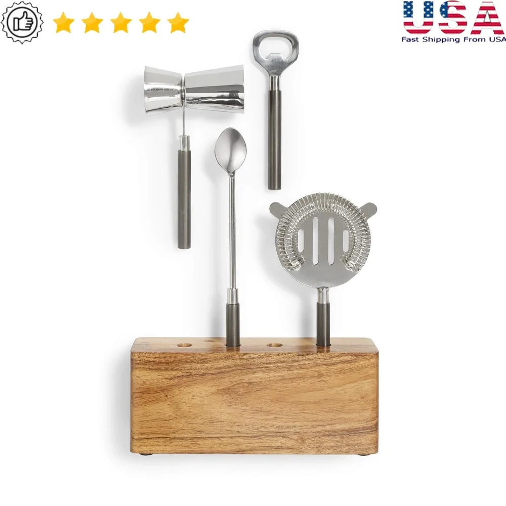 

5-Piece Stainless Steel Bar Tool Set with Wooden Stand Mixing Drinks Cocktails Home Entertaining Stylish Accessories