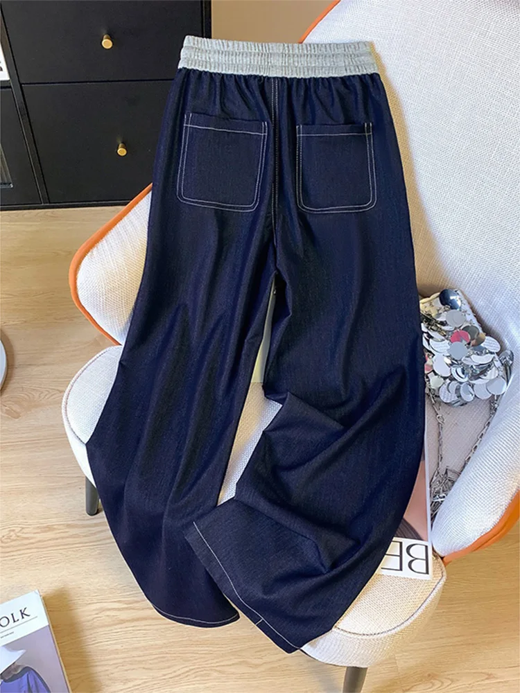 Retro Hong Kong Sle Gamba dritta Lyocell Denim Jeans Estate da donna Sottile elastico in vita Dstring Casual Pantaloni a gamba larga stretta