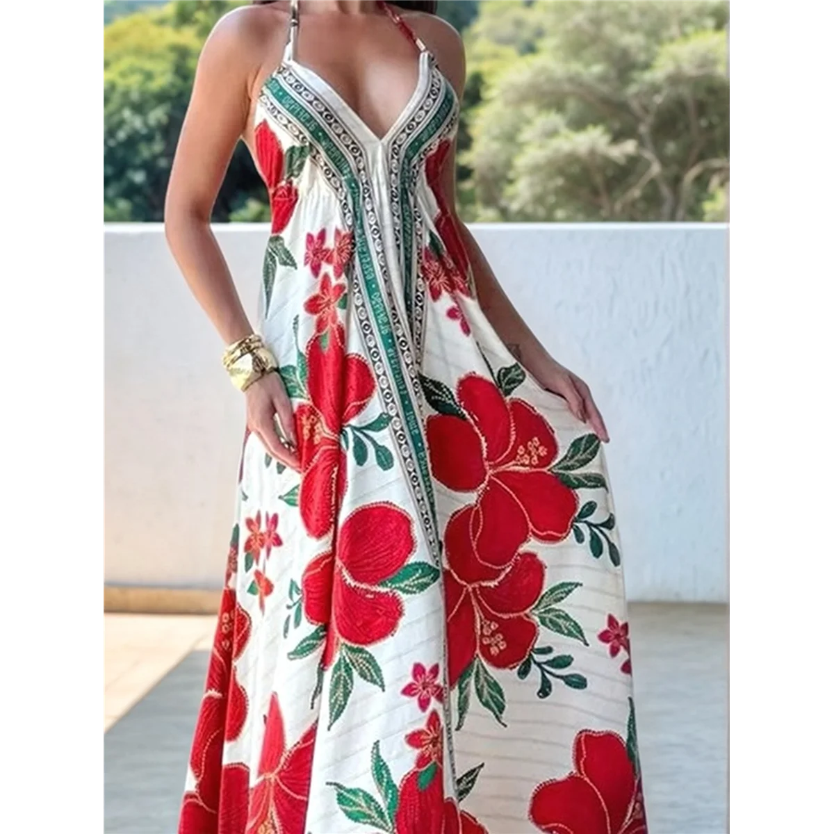 CYL-Women Boho Halter Floral V الرقبة بلا أكمام فضفاضة تناسب عارية الذراعين غير النظامية هيم فستان عطلة طويلة #3