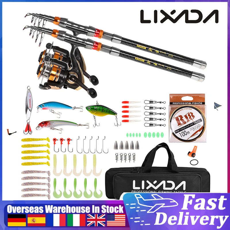 

2 Piece Carbon Fiber Telescopic Fishing Rod and Spinning Reel Combo with Carrier Bag Case Fishing Lures Jig Hooks Full Kit